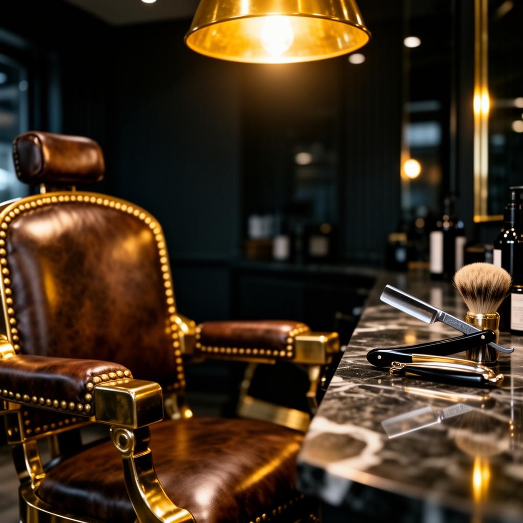 Interior de barbearia premium com iluminação dourada